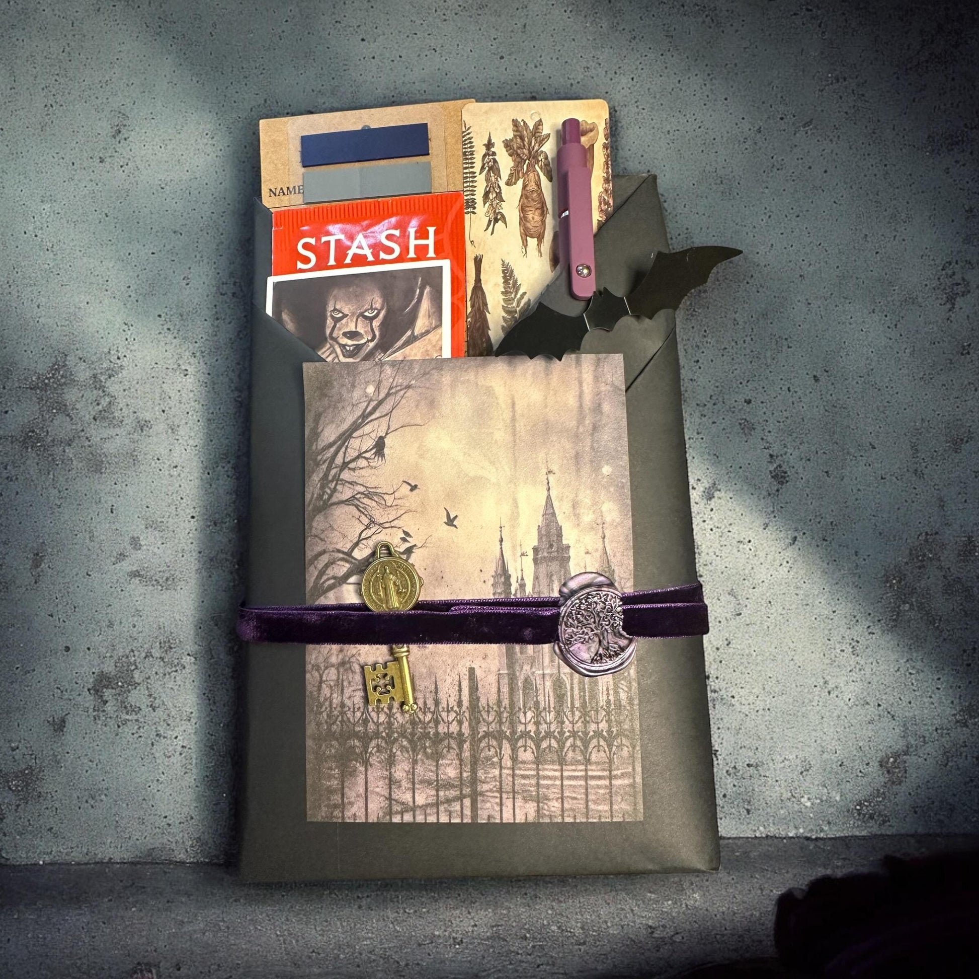 a paper bag with a picture of a castle on it