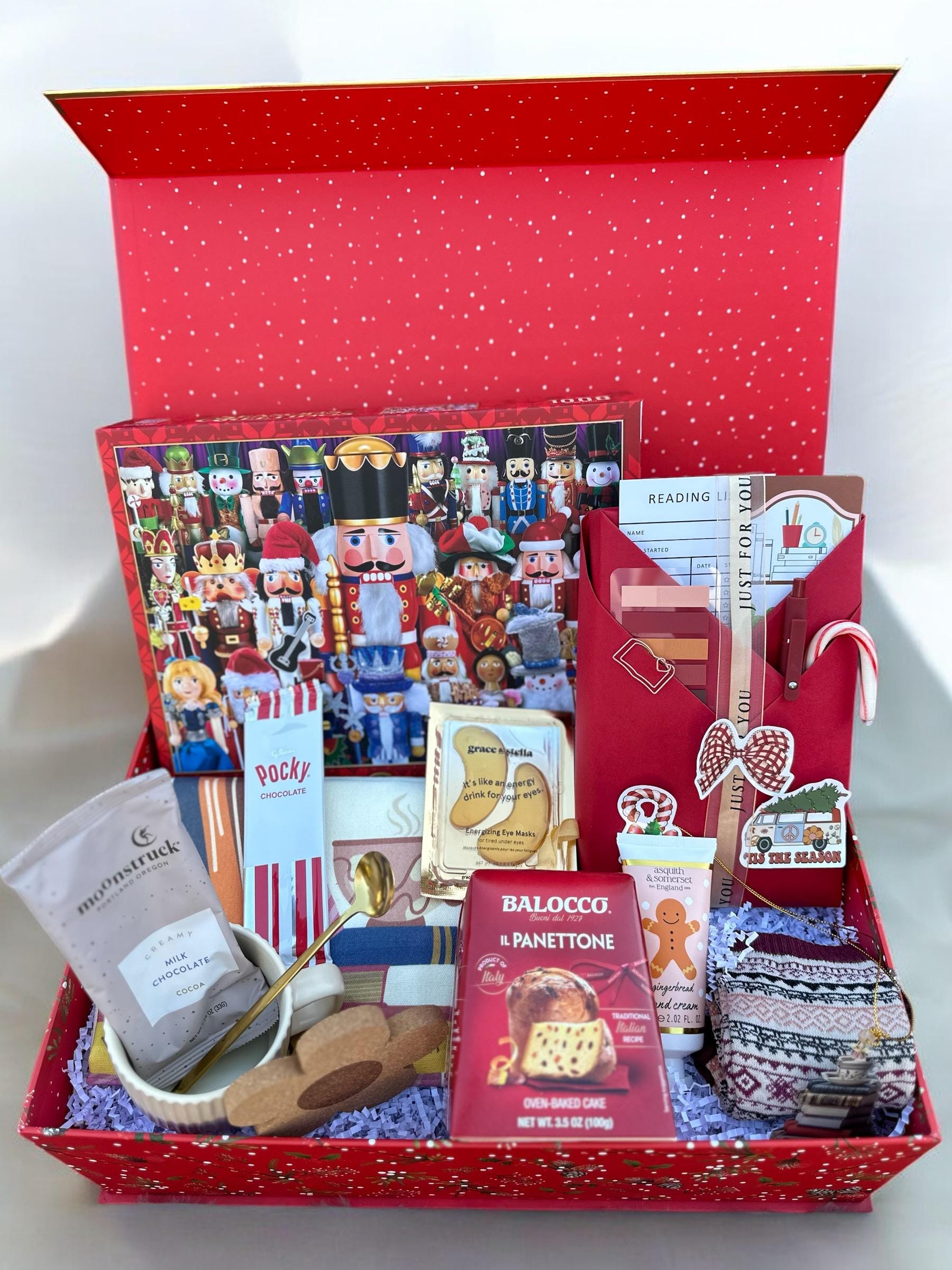 a red box filled with lots of different items