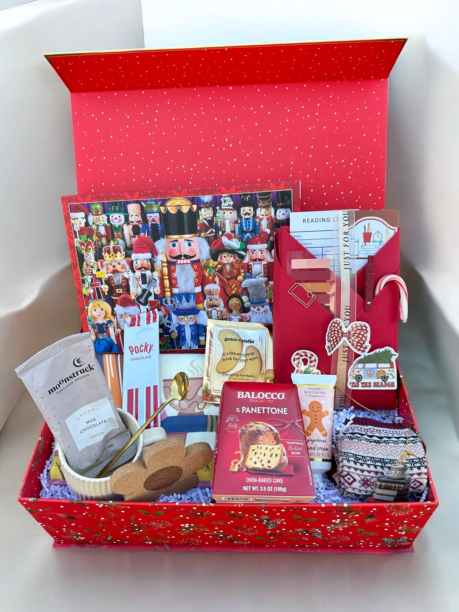 a red box filled with lots of different items