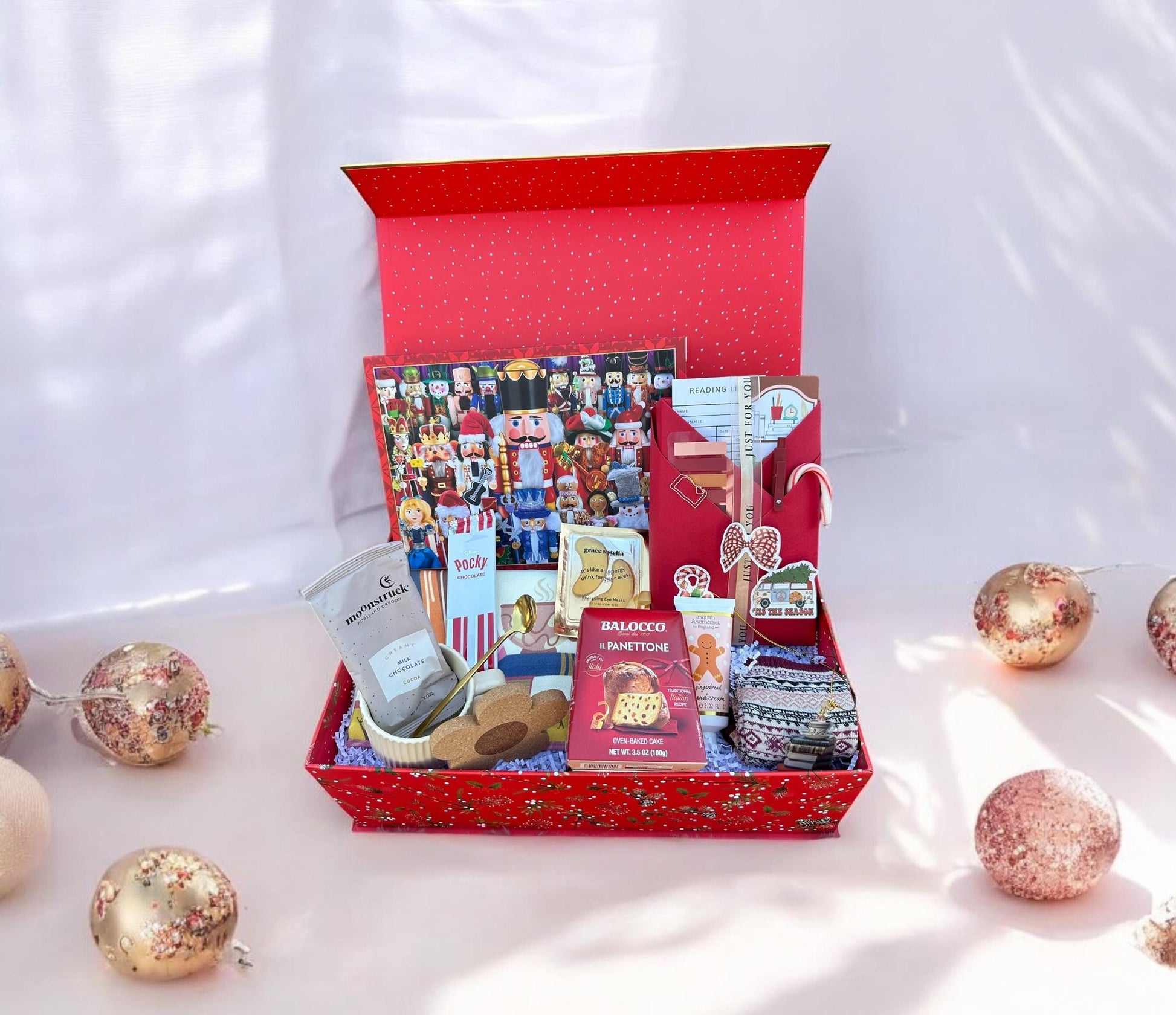 a red box filled with lots of different items