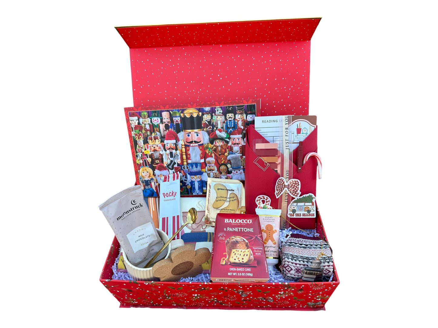 a red box filled with lots of different items