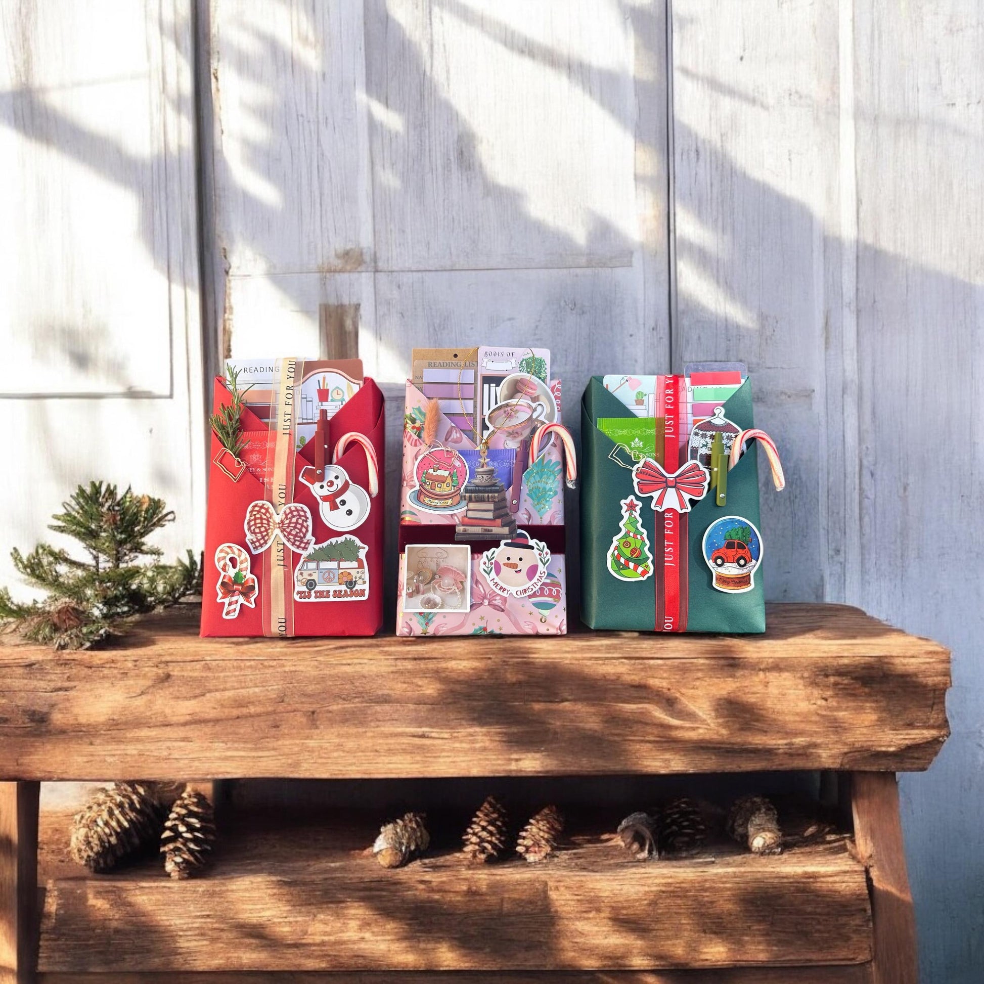 a wooden bench topped with lots of boxes